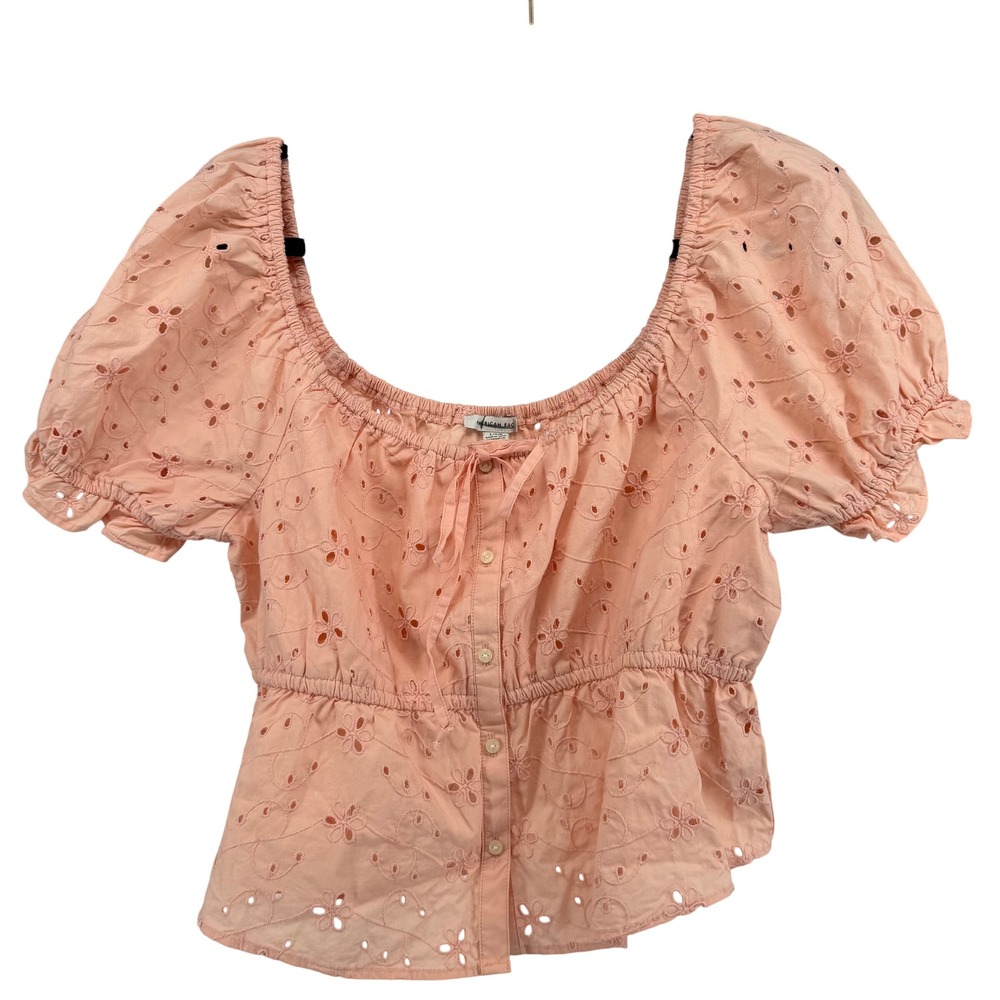 American‎ Eagle Peach Eyelet Embroidered Peplum Top Short Puff Sleeve Size L